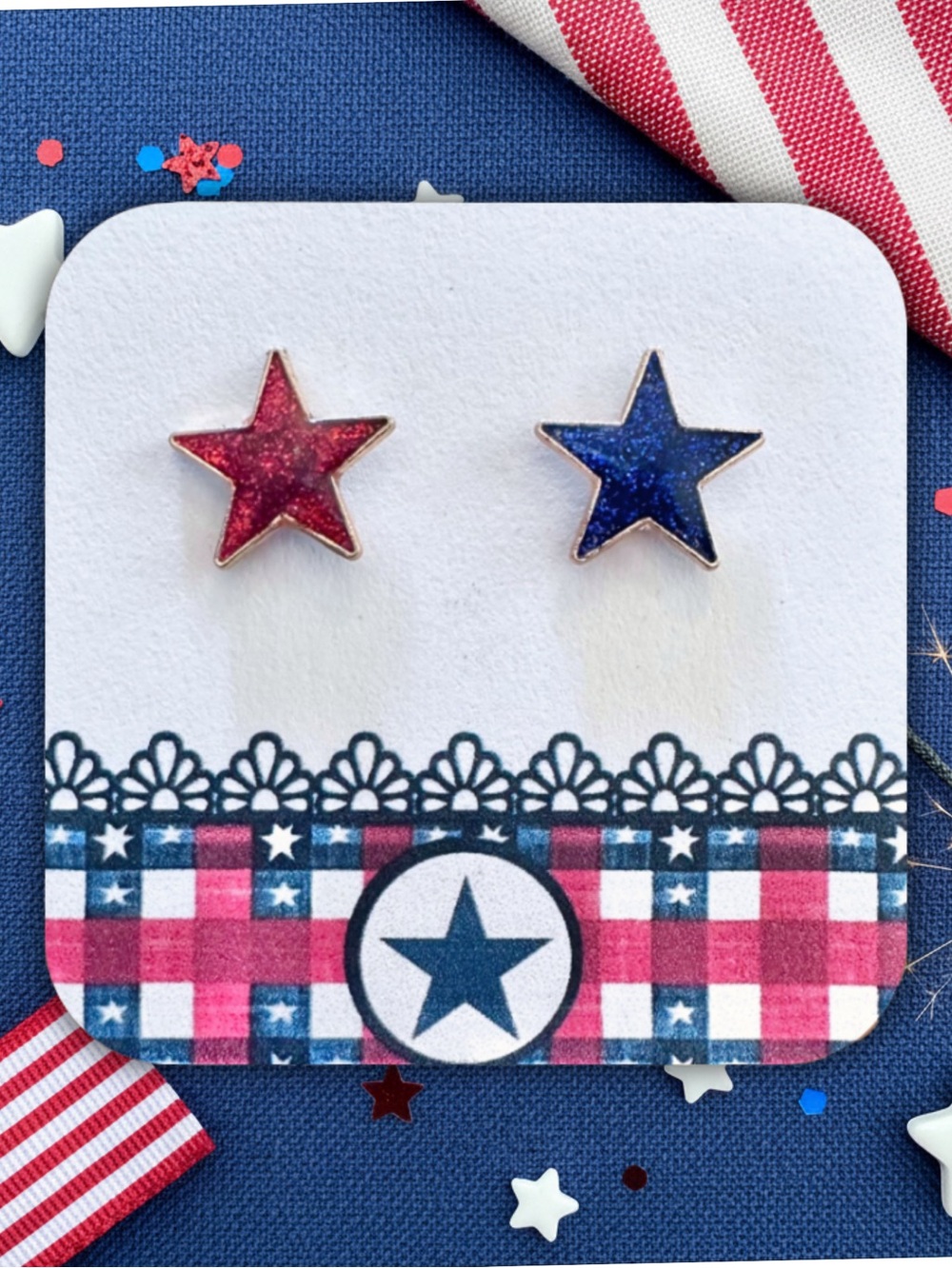 New Handmade Asymmetrical Sparkly Red and Blue Star Stud Earrings
